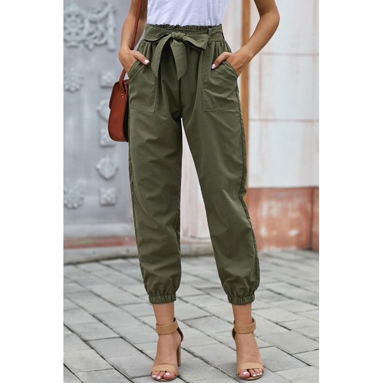 solid-casual-belted-elastic-bottom-pants-green-olive
