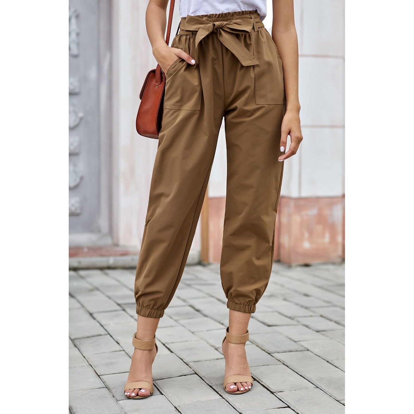 solid-casual-belted-elastic-bottom-pants-tan