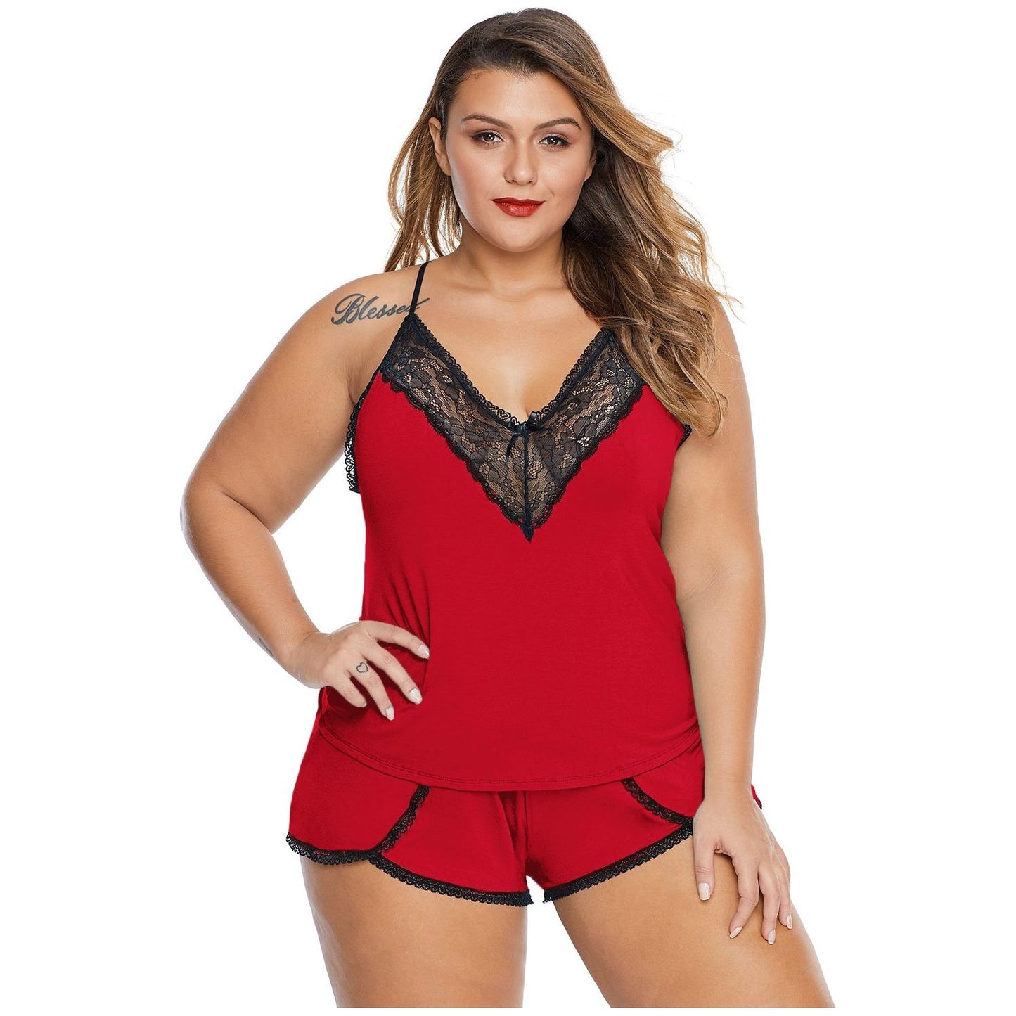 red-spaghetti-strap-lace-pajama-set