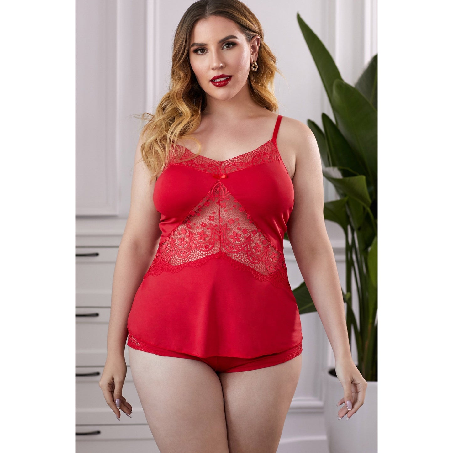 red-Spaghetti-Straps-Lace-Pajamas-Set