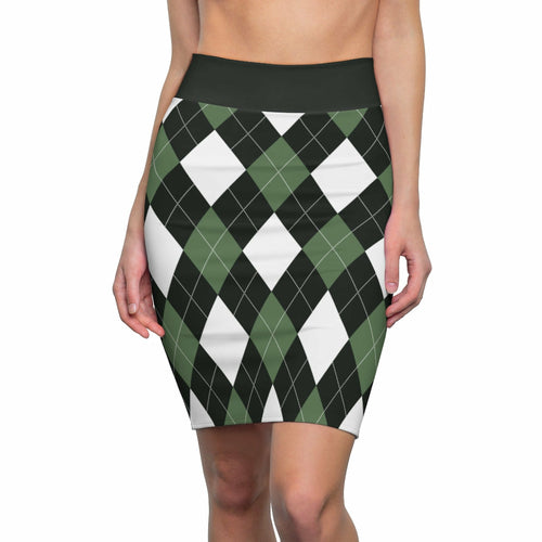 Womens-Pencil-Skirt-Green-and-White-Argyle-Stretch-Mini