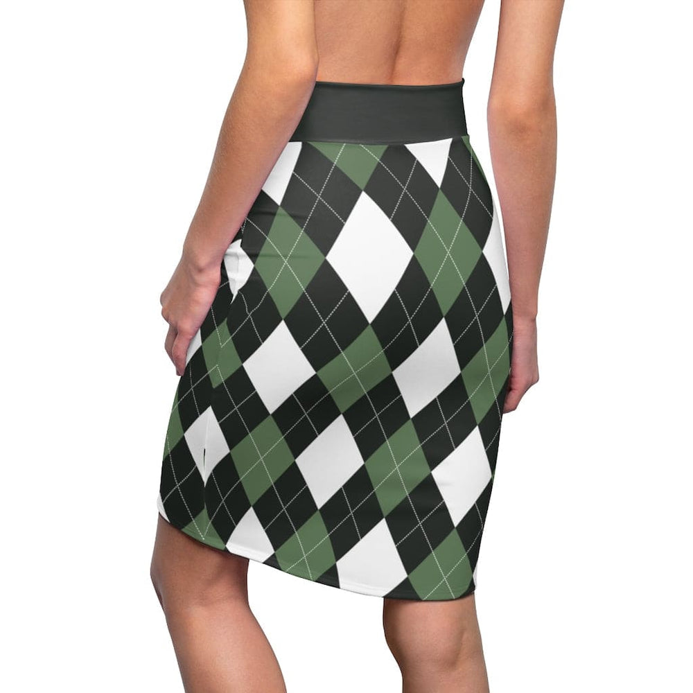 Womens-Pencil-Skirt-Green-and-White-Argyle-Stretch-Mini
